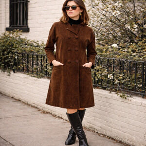 60s Brown Leather Coat Womens Double Breasted Princess Seams